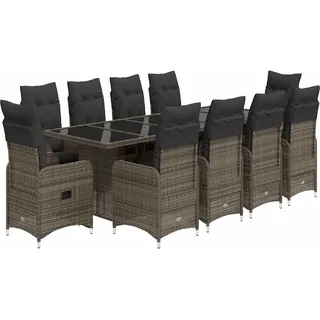 vidaXL 11-tlg. Garten-Bistro-Set mit Kissen Grau Poly Rattan - Grau