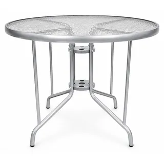 Runder Gartentisch aus Metall und Glas, Grau, Ø 90 cm, 70 cm hoch, wetterbeständig - Transparent