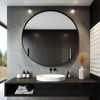 USHOWER ATUIO 30-Inch Black Round Wall Mirror, Large Metal Frame Decor Mirror for Bathroom, Entryway, Vanity, and More, Farmhouse & Modern Style