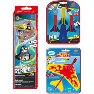 GÜNTHER FLUGSPIELE - 1715 - Mini-Drachen Pirat flugfertig ca. 24 x 25 cm, Wurfgleiter Flugzeug ca. 17 cm & Raketenspiel Pump Rocket inkl. 3 Schaumstoff-Raketen