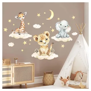 Little Deco Wandtattoo Dschungeltiere auf Wolken Wandsticker Kinderzimmer Safari Löwe Elefant Babyzimmer Wandaufkleber DL918-3