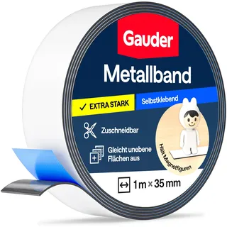 GAUDER Metallband selbstklebend für Magnete (1 m x 35 mm - weiß) | Magnethaftband, Magnetleiste & Metallstreifen für Tonie-Figuren und Regale - biegsames Ferroband zum Basteln und Organisieren