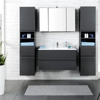 Badmöbel Set COMO-03, 4-teilig, 2 Hochschränke, Hochglanz grau, 100cm Waschtisch - Grau