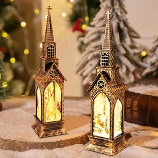 2 Stück Weihnachtsdeko Laterne, Laterne weihnachten mit LED, 22CM Häuser Weihnachtslaterne mit Weihnachtsmann und Weihnachtshirsch, Warmweißes LED Weihnachten Deko für Innen, Party, Balkon, Garten