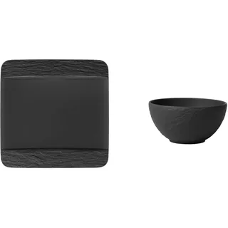 Villeroy und Boch - Manufacture Rock Speiseteller quadratisch, schwarz & Villeroy und Boch - Manufacture Rock Schale, 430 ml, 14 cm, Premium Porzellan, spülmaschinen-, mikrowellengeeignet, schwarz