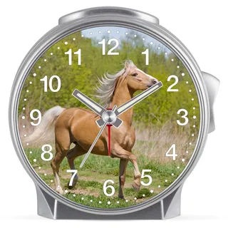 Eurotime Kinder Wecker für Mädchen mit Pferde-Motiv, Kunststoffgehäuse und Kunststoffglas, geräuscharmer Wecker, kein Ticken, mit Licht und Weckwiederholung, 29605-07
