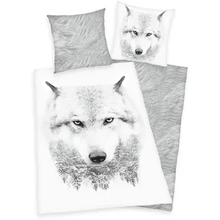 Klaus Herding GmbH Flanell Bettwäsche Set mit Wolf 135 x 200 cm 80 x 80 cm 100% Baumwolle