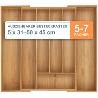 Relaxdays Besteckkasten ausziehbar 5–7 Fächer HxBxT: 5 x 31-50 x 45 cm Bambus Natur