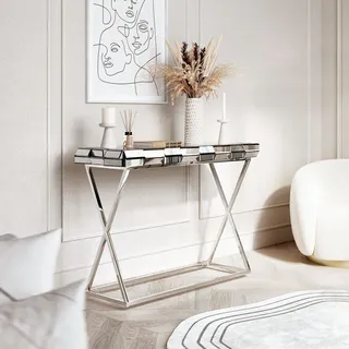 CARME Knightsbridge Konsolentisch, verspiegelt, 3D-Glas-Effekt, Chrom, gekreuzte Beine, Grau, 80 x 75 x 35 cm
