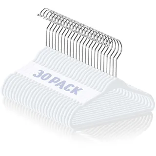 HOUSE DAY 30er Set Kinderkleiderbügel aus Samt,28cm Kleiderbügel Kinder mit Gekerbtem Design,Ultradünn, Platzsparend Baby Kleiderbügel, 360 Grad Drehhaken, rutschfeste,Weiß