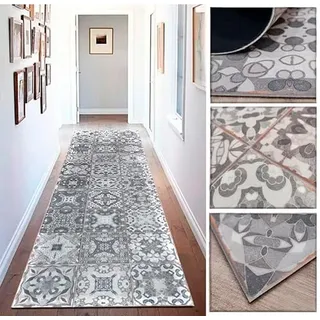 Tadi & Imperio1979 Vinyl-Teppich mit Vintage-Blumenmuster, in Altgrau und Weiß, für Küche, Waschküche, Flur, WC, Schlafzimmer mit Rutschfester PVC-Rückseite, 60 x 400 cm