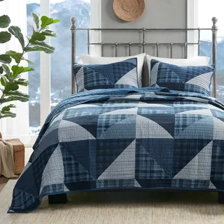 Woolrich Olsen Übergroßes Baumwoll-Bettwäsche-Set mit geometrischem Muster, Landhaus-inspirierter Bauernhaus-Look, einfarbig, leichte Decke, gemütliche Bettwäsche, blau, 3-teilig