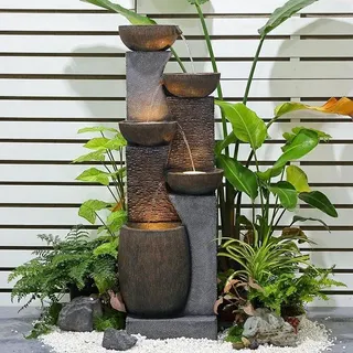 130cm Großer Gartenbrunnen Springbrunnen für Außen mit LED Beleuchtung, 5-stufiger Wasserspiel Wasserfall Brunnen für Garten,Balkon,Terrasse,Grau