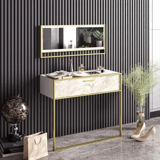 Skye Decor, Eleganter Sideboard mit Spiegel (90 cm), Gold und Weiß, 100% melaminbeschichtete Spanplatte, 18 mm dick, Metallbeine, zahlreiche Regale, wandmontierbar, modernes Design. - Gold, Weiß