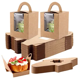 STARVAST 100 Stück Individuelle Cupcake-Boxen mit Griffen, Papier Bäckerei Boxen mit Fenster, Gebäck-Boxen behandeln für Weihnachten Baby-Dusche Hochzeit Party (Braun, 9 x 9 x 11 cm) ﻿