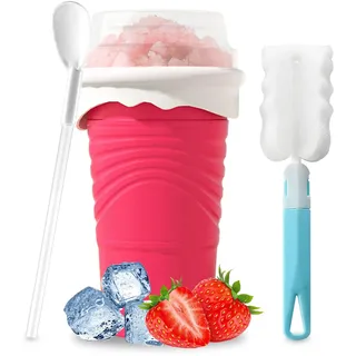 Herbst Slushy Maker Becher 500ml Silikon Squeeze Cup mit Strohhalmlöffel | Slush Eis Becher DIY Ice Cup Slushy Maker Cup Smoothie Becher mit Reinigungsbürste (Rot)