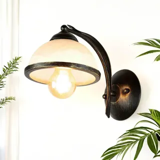 Licht-Erlebnisse Wandleuchte Innen Glas Metall in Messing Antik Weiß Flur Wohnzimmer H:27 E27 gemütlich Landhaus blendarm Wandlampe Schlafzimmer KORFU