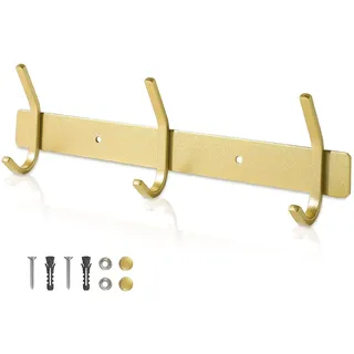 Qiannhee Hakenleiste Kleiderhaken Gold Garderobenleiste Rostfrei 30CM bis 30KG Edelstahl Kleiderhakenleiste Garderobenhaken Kinder mit 3 Haken Wandmontage für Badezimmer Tür Wohnzimmer Flur Jacken