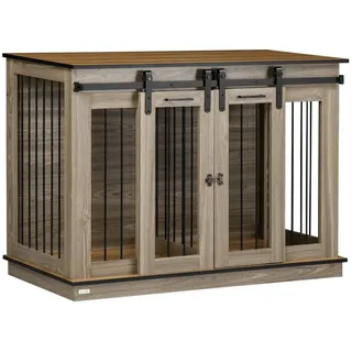 PawHut Hundehütte mit Zweiraum-Option, Doppeltüren, Eiche