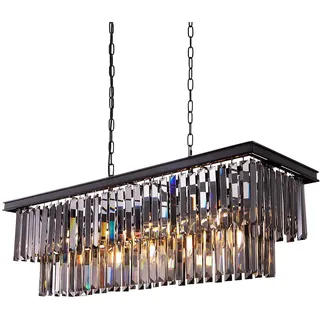 Wellmet Kristallleuchter Schwarz Kronleuchter Modern 9-Licht 89cm-länge Kristall Pendelleuchte Esstissch Glas Hängeleuchte Lüster Wohnzimmer Deckeleuchte Hängend Hängelampe Rauchgrau groß Rechteckig