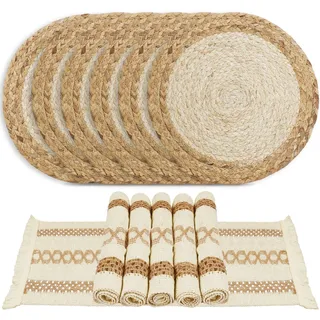 wiipara Runde Platzsets aus Wasserhyazinthe, Baumwelle-Leinen Kombinationstischsets, 6er Set Tischuntersetzer Tischsets Abwaschbar, Handgemachte Platzdeckchen Natur für Esstisch, Boho, Bauernhausstil