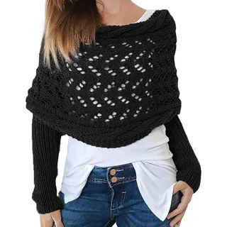 Icegrey Schal Mit ärmeln für Damen, Gestrickter Zopfmusterschal, Winter Pullover Schal, Sweater Scarf with Sleeves, Strickschal, Schwarz