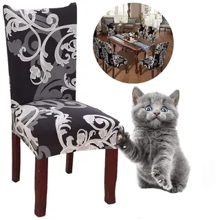 Junyito Stuhlhussen 4er 6er Elastische Set Stuhlhussen Universal Stretchhusse Stuhlbezug Stretch für Stuhl Esszimmer (E-Schwarz/Braune Blume, 6 Stücke)