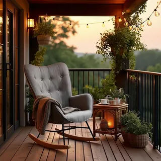 MEUBLE Cosy Schaukelstuhl Garten, Relaxsessel für überdachte Terrasse und Balkon, Skandinavisches Design mit Holz und Metallfüßen, Stoff Nicht wasserdicht