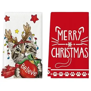 Artoid Mode Katze Stern Weihnachtskugeln Weihnachten Küchentücher Geschirrtücher, 42x65 cm Rentiergeweih Christmas Deko Polyester Handtücher 2er Set