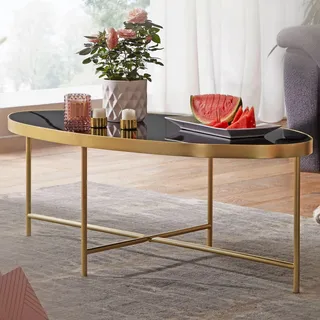 FineBuy Design Couchtisch Glas Schwarz - Oval 110 x 56 cm mit Gold Metallgestell Großer Wohnzimmertisch Lounge Tisch Glastisch - Schwarz