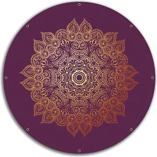 Wallario rundes Outdoor-Poster für Garten oder Balkon, Motiv goldenes Mandala auf violettem Hintergrund, 60 cm Durchmesser