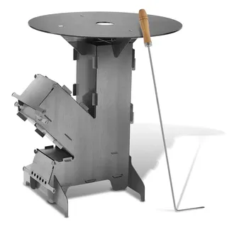 Eikuavons Raketenofen Outdoor Grillofen, Steckbarer Campingkocher aus Kohlenstoffstahl mit Grillplatte 50 cm und Feuerhaken für Garten Camping - Grau