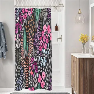 MAYZUS Kleiner Stall Duschvorhang, 91,4 x 183,9 cm, halbschmal, niedliches Blumenmuster, Duschvorhang für Badezimmer, schwarz, Hot Pink, Wildblume, Boho, Cottagecore, Stoff-Duschvorhang-Set mit Haken