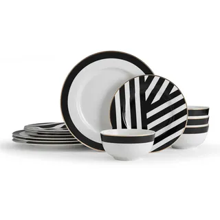 Mikasa Luxe Deco 12-teiliges Porzellanservice, Tafelservice für 4 Personen mit geometrischem Druck | 4x Speiseteller, 4x Beilagenteller & 4x Schalen - spülmaschinenfest