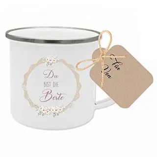 Manufaktur Liebevoll Emaille Tasse Spruch Tasse Du bist die Beste Kaffeetasse Geschenk Freundin, Kollegin, Mama Geburtstag, Dankeschön Abschied Weihnachten mit Geschenkanhänger