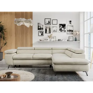 MKS Meble Ecksofa Sofa Beige, Wohnlandschaft L-Form mit Schlaffunktion und Bettkasten, Schlafsofa mit Bettkasten, Sofa mit Einstellbare Kopfstützen, Peter L - Beige Velvet - Rechts Beige - Beige