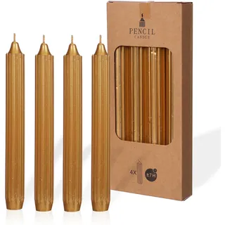 COMFORDER Stabkerzen Set, 4x Tafelkerzen einfarbig + gerippt, 20cm, 7 Stunden Brenndauer (Gold)
