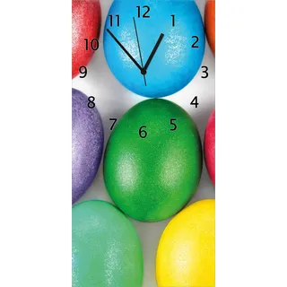 Wallario Design Wanduhr Bunte Oster-Eier in Nahaufnahme mit kräftigen Farben aus Echtglas, Größe 30 x 60 cm - Blau