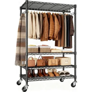 Kleiderständer auf Rollen mit Feststellbaren Rollen und Seitlichen Haken | Schwerlast Kleiderständer Metall Garderobenständer, Kleiderschrank offen für Schlafzimmer, Wohnzimmer - 90 D x 43,5 W x 180 H - Silber