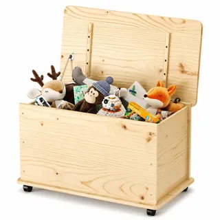 KMH® Premium Spielzeugkiste Holz Natur mit 4 Doppelrollen und Deckel, 70L Spielzeugtruhe aus massivem Pinienholz, Sitztruhe Holztruhe Aufbewahrungsbox Kinderzimmer Stangenscharnier 73x40x43,5 cm