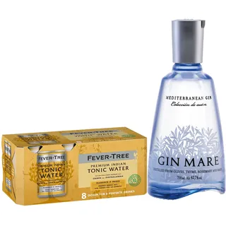 Gin Mare & FEVER-TREE Indian Tonic Water - Cocktail Set - 1x 0.7L Premium Gin mit 8-Pack 150 ml Tonic Water - Das Premium Gin & Tonic Set, für einen Cocktail mit mediterranem Twist.