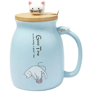 lachineuse - Kawaii-Tasse 450 ml – große Katzentasse mit Deckel & Löffel – Tasse für Aufguss, Tee & Kaffee – originelle japanische Tasse – Geschenkidee Japan Asien – niedliche Kitty – Farbe Blau