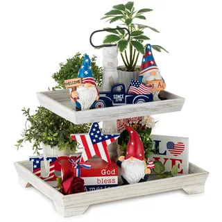 Hanobe Deko Tablett Etagere Holz: Weiß Gewaschen Holztablett Groß Rechteckig mit 2 Etagen Bauernhaus Dekotablett - Vintage Shabby Serviertabletts für Home Küche Kaffeeecke