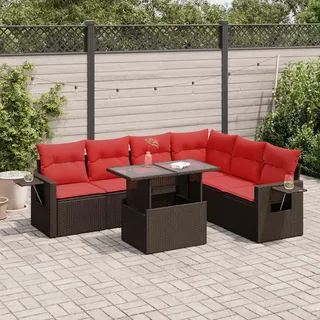 KKHOMEI PolyRattan Ecklounge Gartenmöbel Essgruppe Tisch mit Höhenverstellbarer Gartentisch Gartenlounge mit Stauraum Dining Polyrattan Gartenmöbel Set Braun 7-TLG Type-56