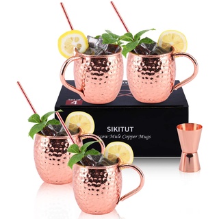 SIKITUT Moscow Mule Becher 4er Set, Handgefertigt Kupferbecher, 550ml Cocktail Set mit: 4 Hochwertige Kupferne Gläsern, 4 Cocktailstrohhalme und 1 Jigger