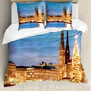 ABAKUHAUS Winter Bettbezug Set, Altes Rathaus Hamburgs Deutschland Mit Weihnachtsbaum Historische Architektur, 155 x 220 cm + 80 x 80 cm, Orange Braun Blau