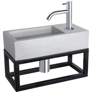 Differnz Ravo Waschbecken mit Handtuchhalter - Waschtisch Hellgrau Beton - Kaltwasserhahn Chrom - Komplettset mit Armaturen - 38.5 x 18.5 x 9 cm