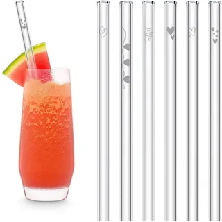 HALM Original Glas Strohhalme mit gravierten Herz Symbolen | 6 Stück 20cm mit Reinigungsbürste | Herzchen Geschenk Freundin Mann für Jahrestag und Valentinstag | Liebesgeschenke für Männer und Frauen