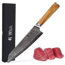 Wakoli Oribu Kiritsuke Chefmesser 20 cm I 67 Lagen Damast Küchenmesser I Profi Kochmesser aus echtem Damaststahl mit ergonomischem Olivenholzgriff I Scharfes Damastmesser für professionelle Köche