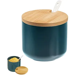 ORARTMM Salzdose aus Keramik mit Holzdeckel & Löffel,Eleganter Salzstreuer mit Deckel in Smaragdgrün,Moderner Salzbehälter für Küche & Tisch,Stylischer Salztopf mit Messlöffel